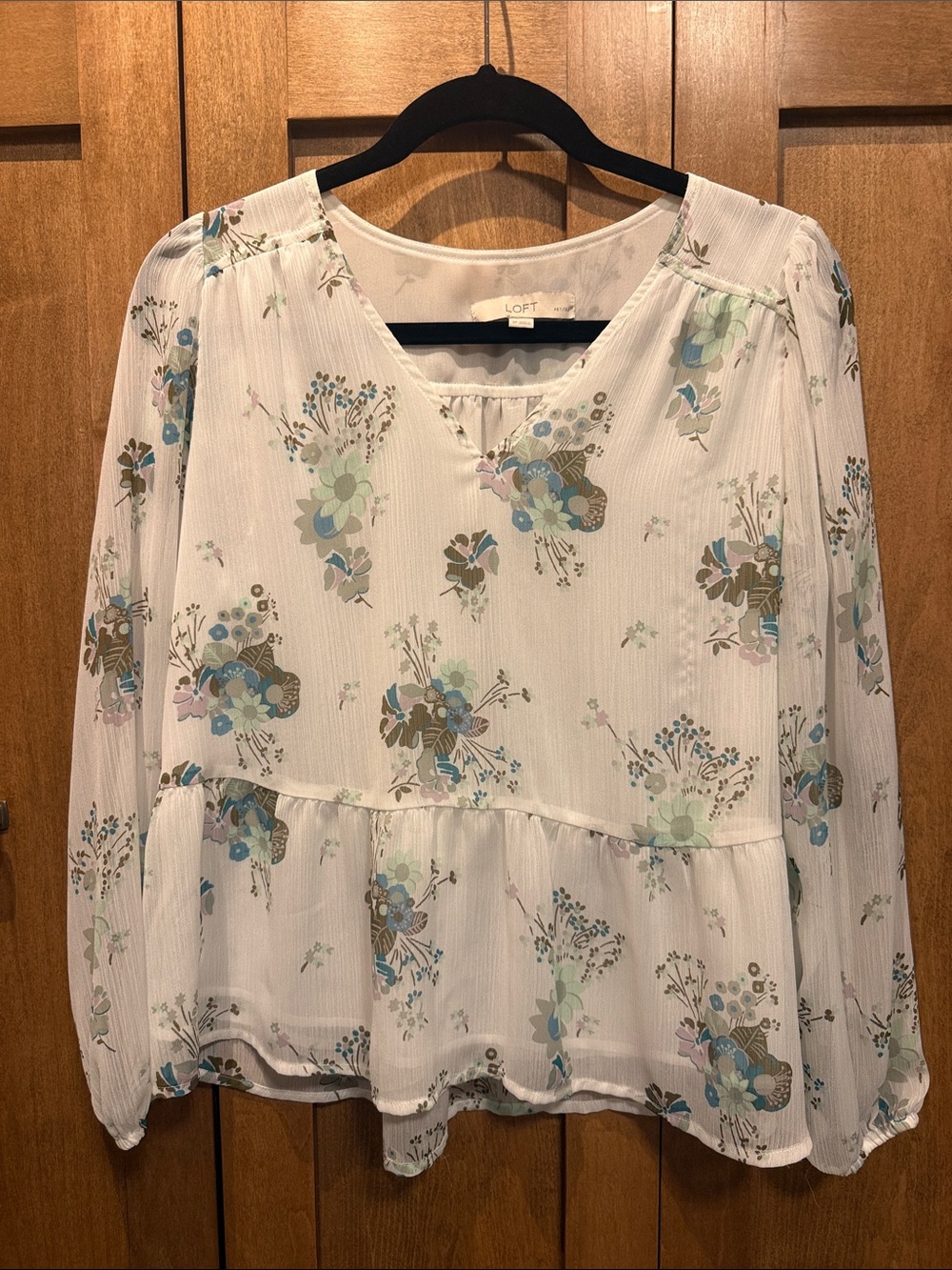 LOFT White Floral Peplum Blouse with Blue & Green Accents EUC